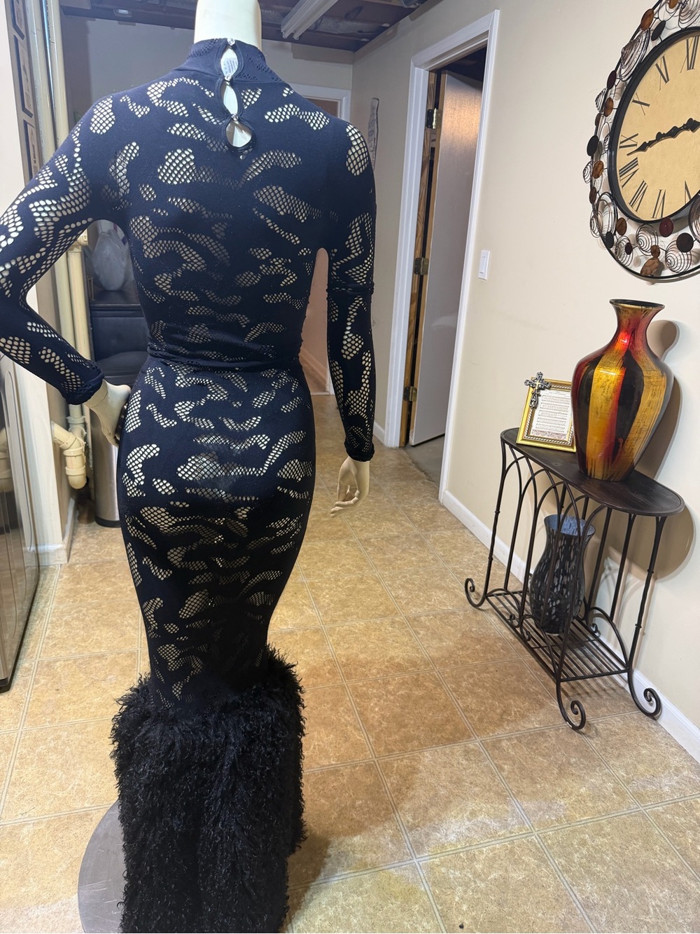 Black Long-Sleeve Mesh Bodycon Dress with Feathered Hem by - Picture 2 of 2